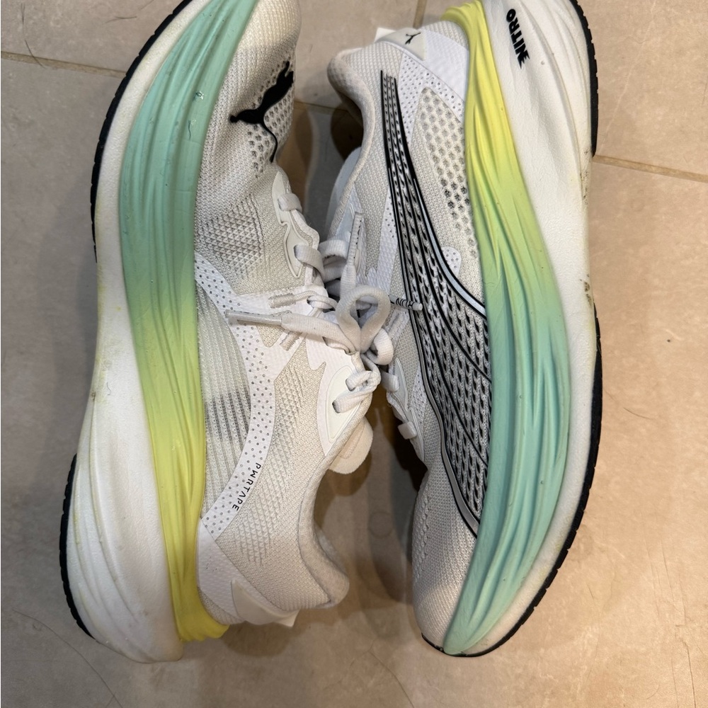 Puma White Mesh Running Shoes with Yellow-to-Mint Gradient Midsole